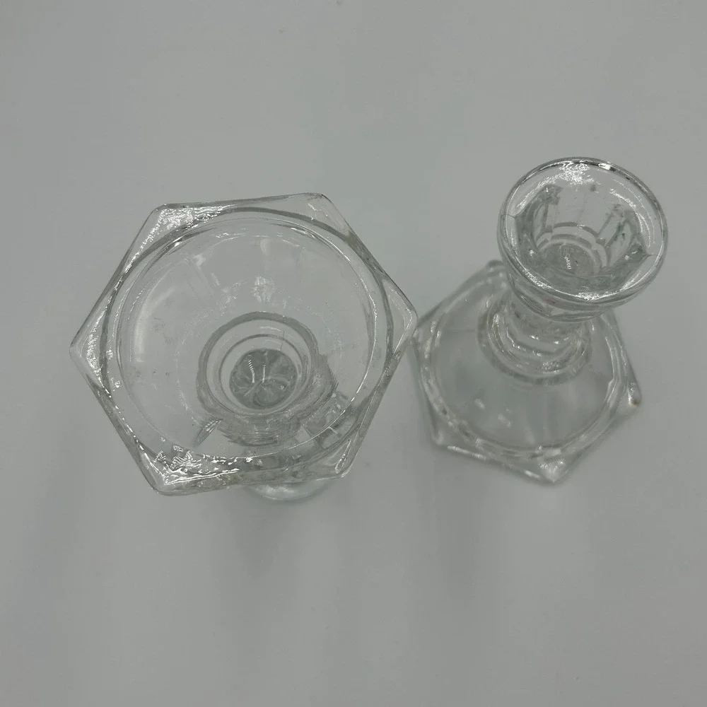 Vintage Clear Pressed‎ Glass Hexagon Base Taper Candlestick Holders Pair 4 Inch
